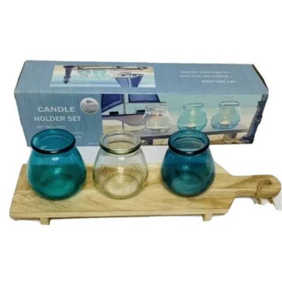 Rustic Nautical Votive Candle Holder Wooden Tray Coastal Style Home Décor Vase J - Picture 2 of 10